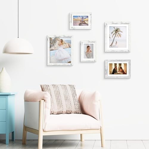 iRahmen 6x8 Picture Frame with Mat 4x6 - High Definition Real Glass Wooden Photo Frames for Tabletop Display and Wall Mounting (Distressed White, Set of 4) - color: Distressed White, size: 6X8