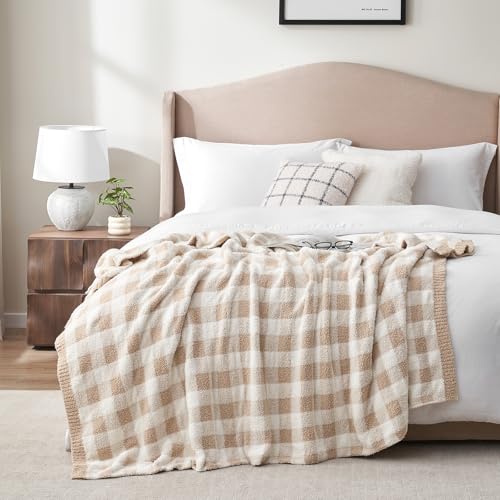 Snuggle Sac Queen Size Checkered Bedding Blanket Beige, Super Soft Warm Cozy Bed Blankets Oversized Fuzzy Plush Blankets for Bed, Bedroom, Plaid Beige, 90x90 inches - color: Plaid Beige, size: Queen(90"x 90")