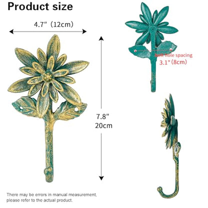Sungmor 2 Pack Cast Iron Coat Hooks - Flower Shaped& Antique Green | Heavy Duty Wall Hook for Coats,Hats,Keys - Hanger for Entryway,Bathroom and Bedroom - color: Antique Green
