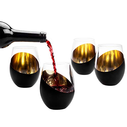 MyGift Black Wine Glasses Set of 4, Black and Gold Cups 18 oz with Metallic Angled Design, Wedding Party Home Bar Birthday Housewarming Gift - color: Black (Set of 4)