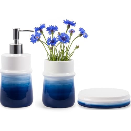 Blue Bathroom Accessories 3 Pcs, Ceramic Bathroom Accessory Set, Navy Blue Bathroom Set Include Dispenser,Soap Dish and Vase, Modern Bathroom Decor - color: Navy Blue