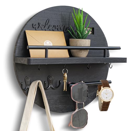 Key Holder for Wall, Key and Mail Holder Organizer with - Key Holder Wall Mount - Round Wooden Rustic Home Decor for Entryway, Mudroom, Hallway, Kitchen Office (Solid Black) - color: Solid Black