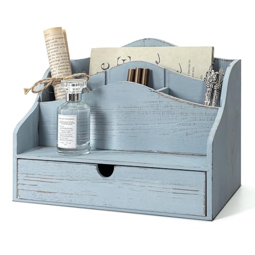Rebee Vision Mail Organizer for Desk with 4-Slot Letter Home Decor, Blue | Pine Wood, Rustic Mail Holder for Desk Organization, Drawer and Dividers, Store Jewelry, File Storage, Room Decor Aesthetic - color: A-Blue