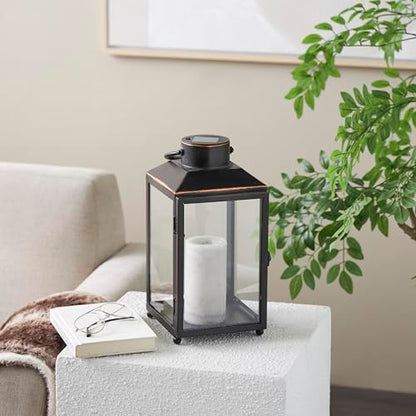 Deco 79 Metal Modern Candle Lantern with Gold Accents, 8" x 7" x 14", Black - size: 8" x 7" x 14