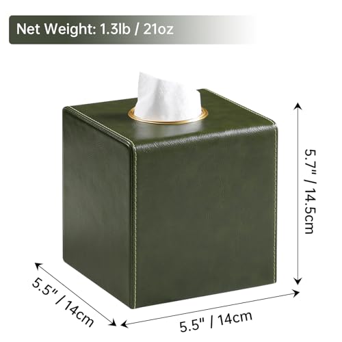Square Tissue Box Cover with Magnetic Closure, Dark Green | Luxury PU Leather Tissue Holder with Gold Tone Metal Opening, Fits All Standard Cube Tissue Boxes - color: Dark Green