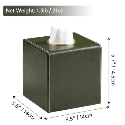 Square Tissue Box Cover with Magnetic Closure, Dark Green | Luxury PU Leather Tissue Holder with Gold Tone Metal Opening, Fits All Standard Cube Tissue Boxes - color: Dark Green