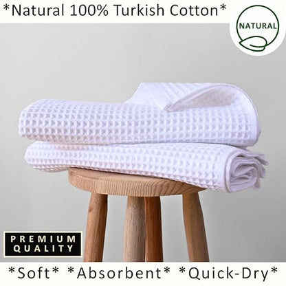PÜSKÜL 2-Piece Natural 100% Turkish Cotton Waffle Bath Towels Extra-Large | White, 32x63" Bath Sheet Towel, Light Soft Absorbent Quick-Dry Lint-Free Premium Honeycomb Weave Oeko-Tex Made in Turkiye - color: White