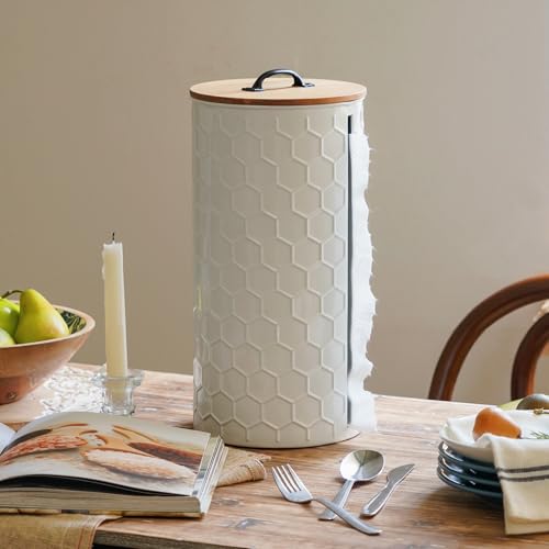 Metal Paper Towel Holder, Weighted Base with Suction Cups | White Honeycomb Pattern Embossed with Wooden Lid, Easy Tear Roll Dispenser for Kitchen Counter, Bars, Dining Tables - color: Honeycomb White
