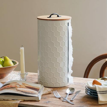 Metal Paper Towel Holder, Weighted Base with Suction Cups | White Honeycomb Pattern Embossed with Wooden Lid, Easy Tear Roll Dispenser for Kitchen Counter, Bars, Dining Tables - color: Honeycomb White
