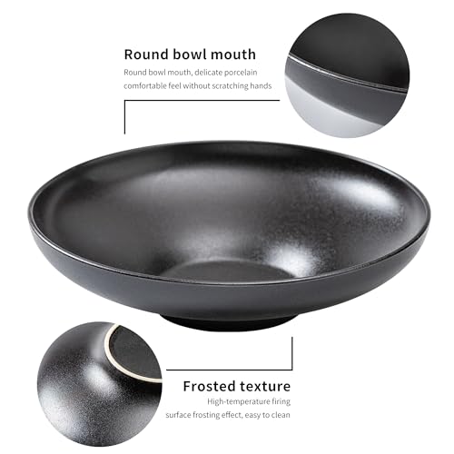 Ceramic Serving Bowls with Wooden Spoons Set of 2, Large Serving Bowl for Dinner Salad Soup Pasta Dessert Fish Fruit Chicken Bread, Oven Dishwasher Safe, 50oz Bowl for Entertaining, 9.75" Pure Black - color: Black