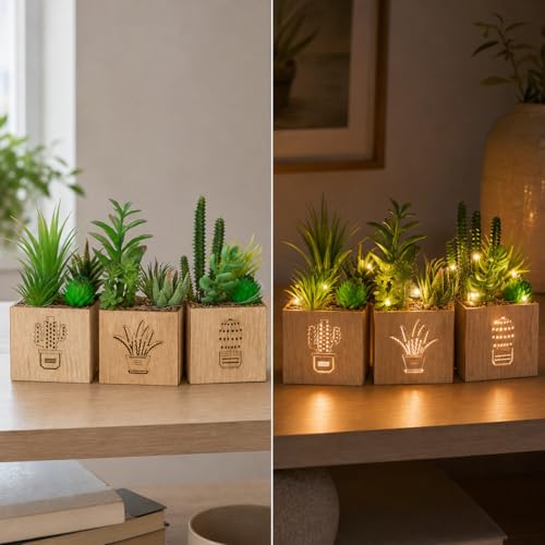 Artificial Succulents with LED Lights, Set of 3 Fake Plants in Wooden Boxes for Indoor Home Decor, Desk, Shelf, Bedroom and Office