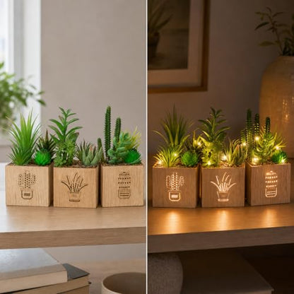 Artificial Succulents with LED Lights, Set of 3 Fake Plants in Wooden Boxes for Indoor Home Decor, Desk, Shelf, Bedroom and Office