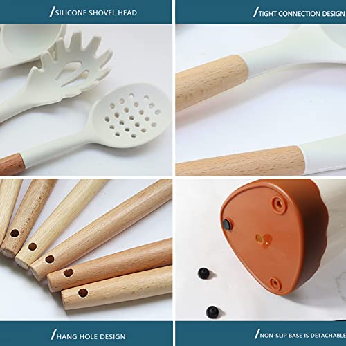Black Silicone Kitchen Cooking Utensils Set, Heat Resistant Silicone Kitchen Gadgets Utensils Set with Wooden Handle,Silicone Spoons Spatula Whisk with Holder for Nonstick Cookware - color: Black 11p