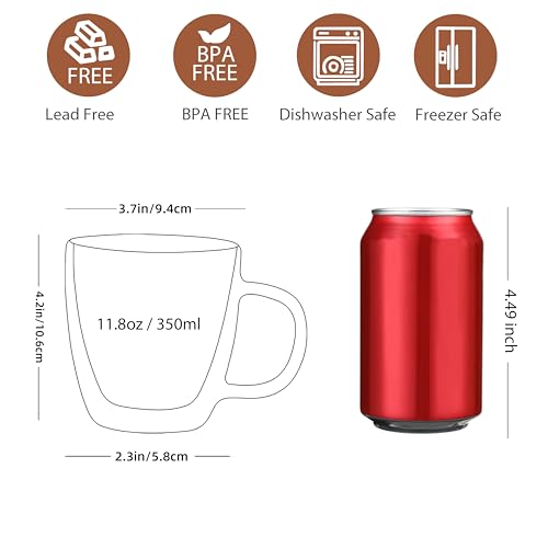 CNGLASS Double Wall Glass Coffee Mugs 12 oz,Insulated Glass Coffee Cups with Handle,Clear Espresso Mugs for Cappuccino,Latte,Tea Bags,Hot and Cold Beverages,Set of 2 - size: 12oz
