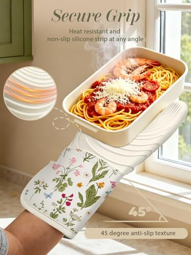 Slohif Long Silicone Oven Mitts Heat Resistant for Women - 2 Pcs Beige Floral 100% Cotton Oven Gloves, Non-Slip and Waterproof Silicone Oven Mitts with Hanger for Baking and Cooking - color: White Green