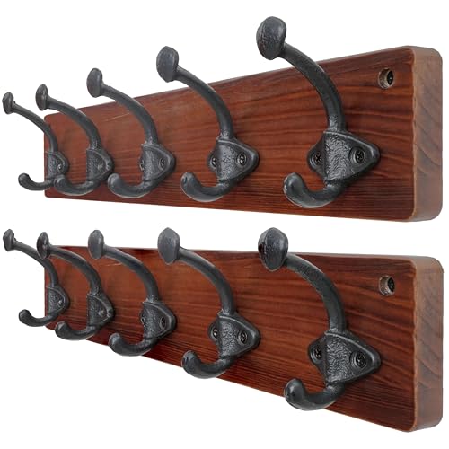 WEBI Rustic Coat Rack Wall Mount,5 Cast Iron Coat Hooks Wall Mounted,Heavy Duty Farmhouse Wood Coat Hanger Wall Antique Vintage Hooks for Hanging Jacket,Clothes,Backpack,Cherry,2 Packs - color: Cherry, size: 17 Inch(2 Packs)