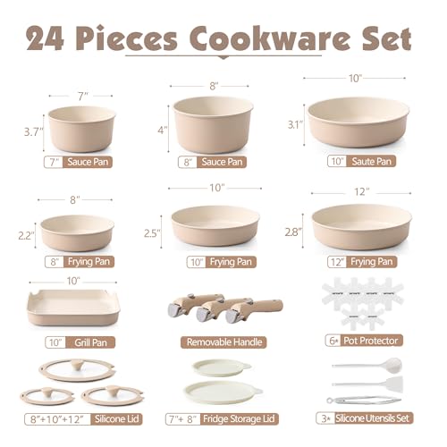 SENSARTE 24 Piece Ceramic Detachable Handle Pots and Pans Set Almond Beige | Ceramic Cookware Set, Induction Cookware Set with Removable Handle, Healthy Non Stick for RV, Dishwasher ＆ Oven Safe - color: Almond Beige, size: 24 Piece