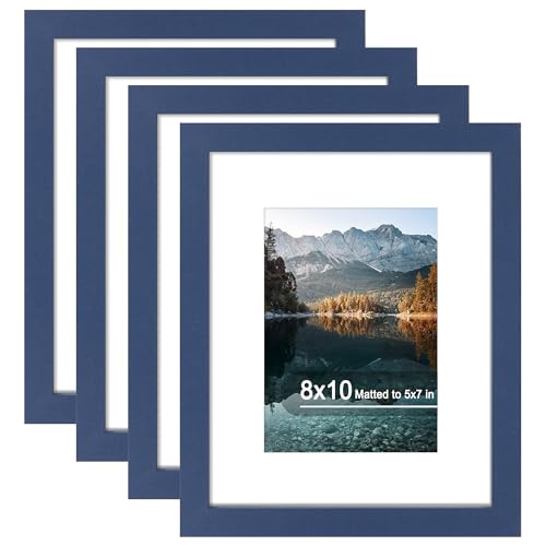 8x10 Picture Frame Set of 4 with Real Glass, Wall & Tabletop Display | Fits 5x7 with Mat or 8x10 without Mat, Crystal-Clear Viewing for Family Photos and Gallery Walls, Blue - color: Blue, size: 8x10 in