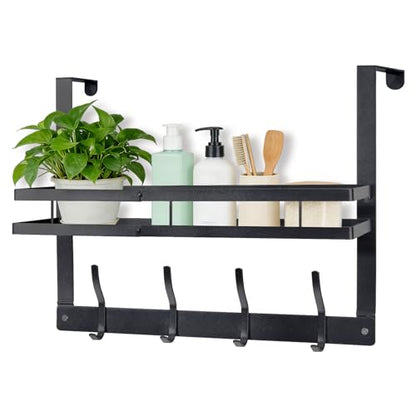 Over The Door Hooks Organizer,Coat Rack Over Door Storage Hanger | Back of Door Hanger Towel Rack with Basket for Kitchen,Bathroom,Bedroom,Black