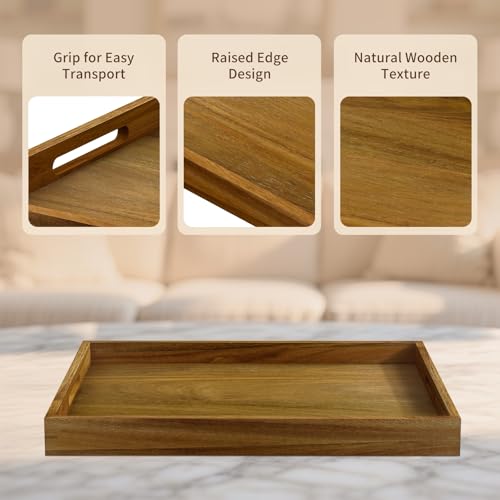 17 inch Acacia Wood Serving Tray with Handles, Decorative Display Tray for Coffee Table, Breakfast in Bed, Food Dinner