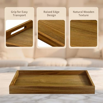 17 inch Acacia Wood Serving Tray with Handles, Decorative Display Tray for Coffee Table, Breakfast in Bed, Food Dinner