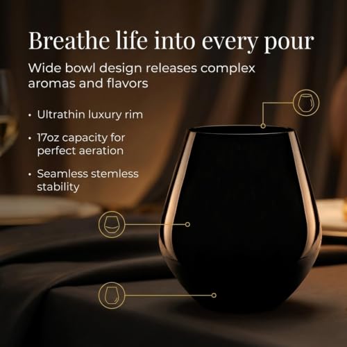 Godinger Stemless Red Wine Glasses, Drinking Glasses, European Made Stemless Wine Glass - Black, 17oz, Set of 4 - color: Black