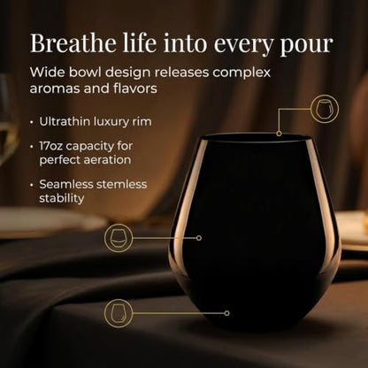 Godinger Stemless Red Wine Glasses, Drinking Glasses, European Made Stemless Wine Glass - Black, 17oz, Set of 4 - color: Black