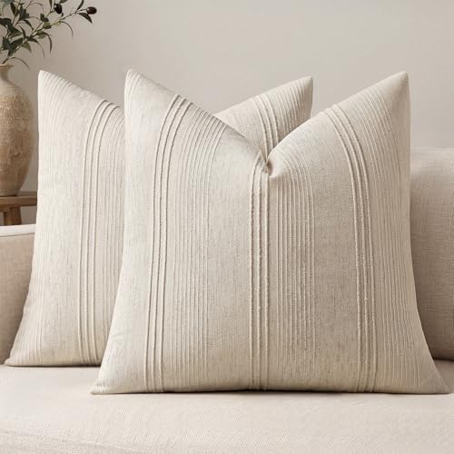 MIULEE Decorative Striped Throw Pillow Covers 22x22 Inch Beige 2 Pack | Textured Linen Pillow Covers, Farmhouse Cushion Cases for Couch Sofa Bed Livingroom Home Decor - color: Beige, size: 22" x 22" (Pack of 2)