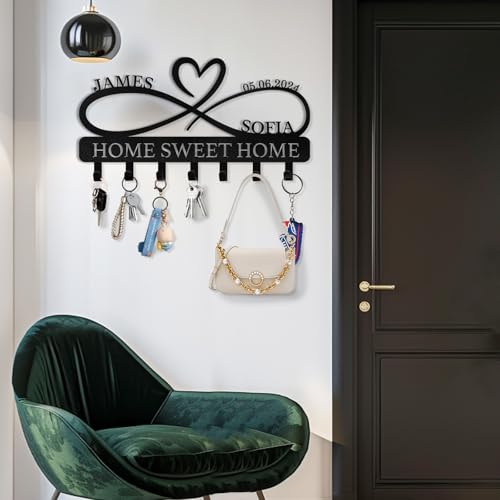 Personalized Metal Key Holder for Wall | Heart Shape Key Holder Wall Mount | Custom Couple's Name Key Rack Coat Rack | Wedding Couple Gifts | Key Holder Wall Hanging for Kitchen Bedroom Hallway - color: 07 Heart