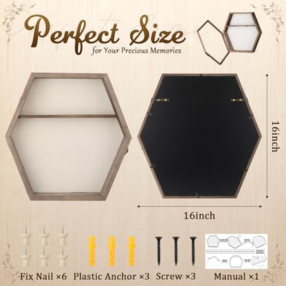 16 Inch Huge Wooden Shadow Box Frame with Acrylic Panel, Shelves, Hangable Brown Deep Shadow Boxes Memory Display Cases with Lanyard and Metal Hook for Wedding Keepsakes, Photos (Hexagonal) - style: Hexagonal