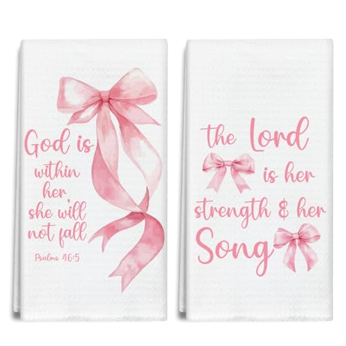 Pink Bow Christian Bible Kitchen Towels and Dishcloths Set of 2, Coquette Decorative Hand Towel Drying Cloth for Bathroom Baking, Housewarming Gift for Hostess, Women, 16x24 Inches -01 - color: Pink Bow Christian