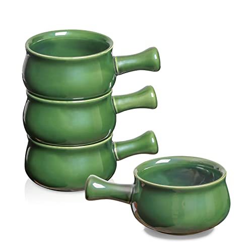 vicrays French Onion Soup Bowls With Handles, 26 Ounce for Soup, Chili, Beef Stew, Chip Resistant, Dishwasher Microwave Safe, Set of 4 (Green) - color: Green