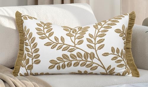 Rudransha Botanical Vine Embroidered 12x20 Lumbar Throw Pillow Cover - Ivory Gold Cotton with Fringe Trim - Cushion Case for Couch Sofa Bed - Philodean Leaves - color: Ivory-philodean, size: 20" x 12" (Pack of 1)