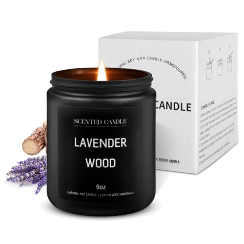 Lavander Wood Scented Candles for Home Scented Aromatherapy Candles, Hand-Poured, 9 OZ, 50H Clean Burn,Soy Wax Candle Gift Set for Women Men