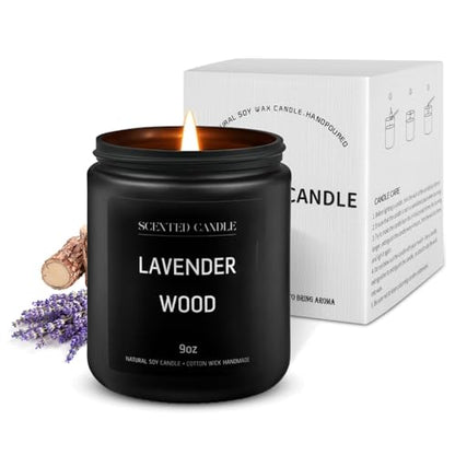 Lavander Wood Scented Candles for Home Scented Aromatherapy Candles, Hand-Poured, 9 OZ, 50H Clean Burn,Soy Wax Candle Gift Set for Women Men