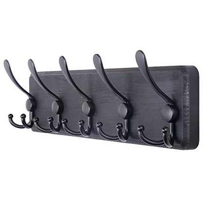SKOLOO Rustic Wall Mounted Coat Rack: 16" Stud Spacing, Pine Real Wood Plank Wall Coat Rack with 5 Triple Hooks, Farmhouse Coat Hanger Wall Mount for Hanging Backpack Jacket Coat Hat - color: Black Plate & Black Hook, size: 1 Item-5 Hooks