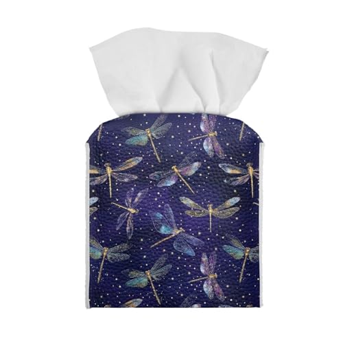 Dragonfly Leather Tissue Box Cover with Bottom Strap Foldable Tissues Cube Easy to Clean Case for Bathroom Living Room Office Desk Tabletop - color: Dragonfly