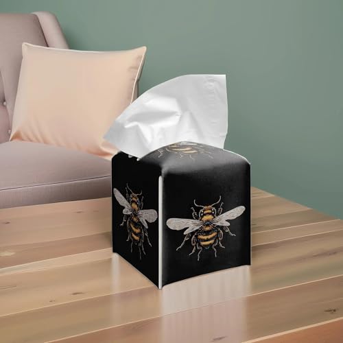 Bee Artwork PU Leather Tissue Box Cover 5.2 in | Bee insect artwork design; 5.2-inch premium PU tissue box cover with hand-stitched look and removable liner. - color: Bee