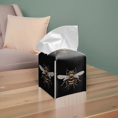 Bee Artwork PU Leather Tissue Box Cover 5.2 in | Bee insect artwork design; 5.2-inch premium PU tissue box cover with hand-stitched look and removable liner. - color: Bee