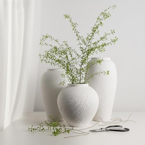 Vintage Ceramic Vase, Minimalist Texture Stone Patterned White Flower Vase, Decorative Vase for Living Room Shelf Farmhouse Dining Table Centerpiece Decor (White Texture Set of 3) - size: White Texture Set of 3