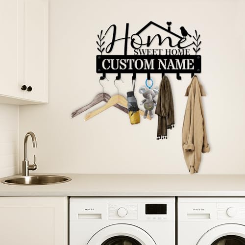NIWAHO Home Sweet Home Custom Name Key Holder for Wall – Personalized Metal Key Rack with Hooks for Entryway, Mudroom, Office – Housewarming Gift - color: Home Sweet Home