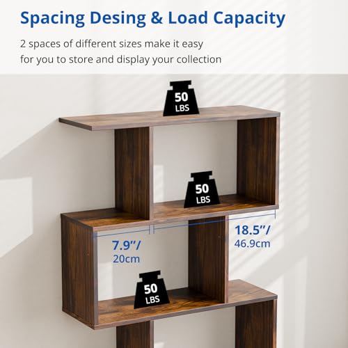 Set of 2 Geometric Bookcase, S-Shaped Modern Bookshelf, Room Divider Bookshelf, 62" Tall Unique Abstract Bookcase with 5-Tier Display Shelf for Living Room Office, Rustic Brown - color: Rustic Brown