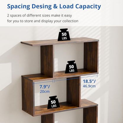 Set of 2 Geometric Bookcase, S-Shaped Modern Bookshelf, Room Divider Bookshelf, 62" Tall Unique Abstract Bookcase with 5-Tier Display Shelf for Living Room Office, Rustic Brown - color: Rustic Brown