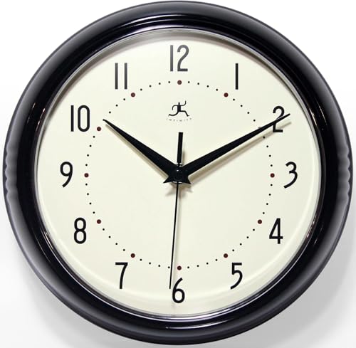 Infinity Instruments LTD. Retro 9 inch Silent Sweep Non-Ticking Mid Century Modern Kitchen Diner Wall Clock Quartz Movement Retro Wall Clock Decorative (Black) - color: Black, size: 9.5 Inch