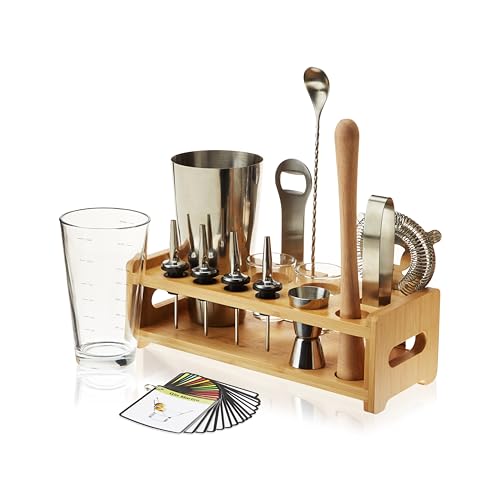 True 14-Piece Barware Set with Wood Stand for Mixing Cocktails and Drinks, Perfect Home Bar Accessories, Mixology Bartender Kit, Bartending Supplies - size: 14-Piece