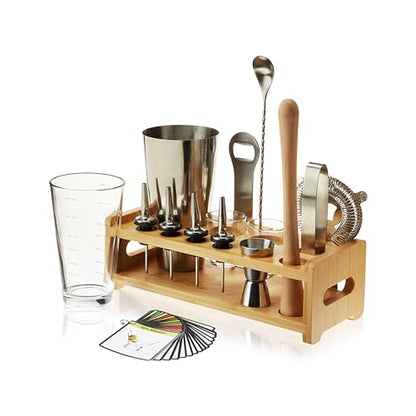 True 14-Piece Barware Set with Wood Stand for Mixing Cocktails and Drinks, Perfect Home Bar Accessories, Mixology Bartender Kit, Bartending Supplies - size: 14-Piece