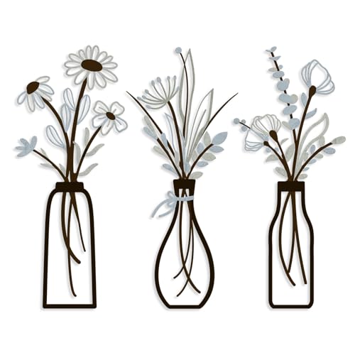 3 Pieces Metal Vase Flowers Wall Arts - Rustic Farmhouse Style Décor Metal Wall Art Black Minimalist Flower Natural Themed Wall Decors for Home Bedroom Dining Room Housewarming (Brown-Blue, Vase-C) - color: Brown-Blue