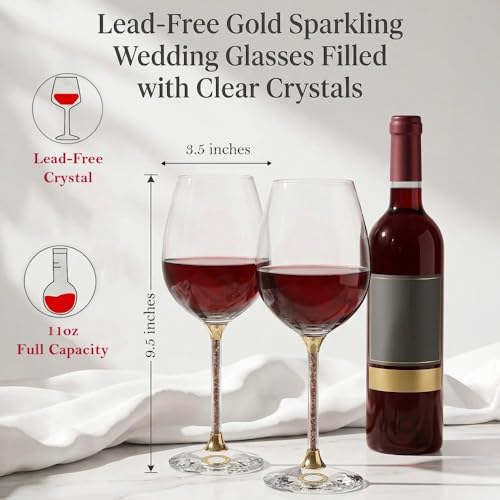 Matashi Crystal Wine Glasses Set of 2 (18.5 oz), Gold Crystal Filled Stem | Luxury Decorative Wine Glass Gift Set for Wedding, Anniversary, Elegant Red & White Wine Glasses