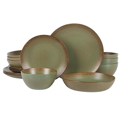 Two Time Oprah's Favorite Things Winner - Palermo Sun Double Bowl Stoneware Reactive Glaze Plates and Bowls Dinnerware Set - Cardamom Green, Service for Four (16pcs) - color: Cardamom Green