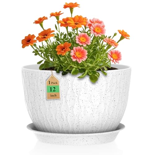 WSMKSZ 12 Inch Wide Water Ripples Flower Pots for Indoor or Outdoor Plants, Large Plant Pots with Drainage Holes & Saucer, Plastic Planters Set for Garden & Home Decor (White with Black Speckles) - color: White With Black Speckles